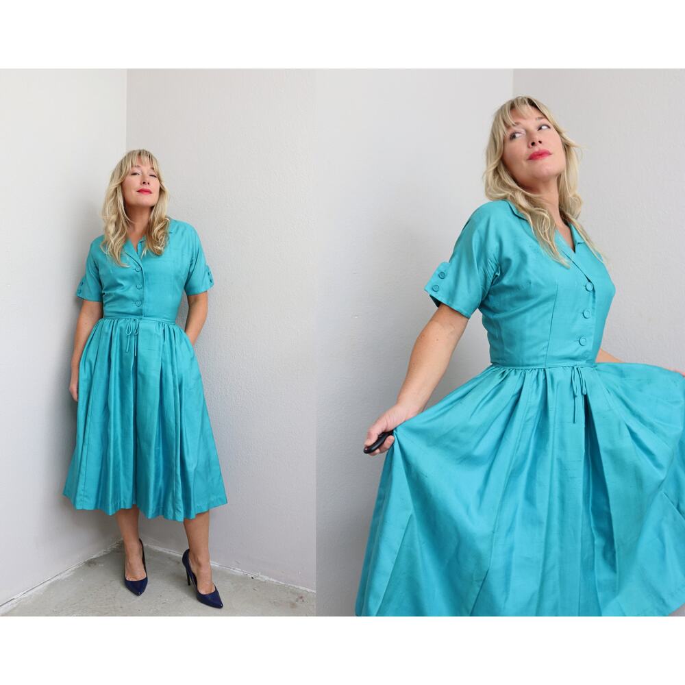 1950's Vintage Teal Button Front Shirtwaist Dress ~ Women's XS SM 25" 26" Waist